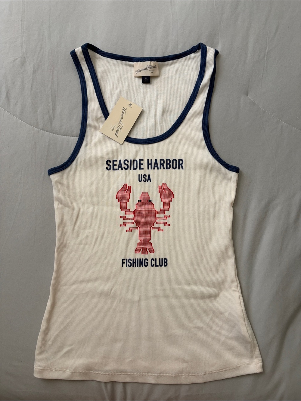 Universal Thread White Tank with Navy Trim and Red Lobster Graphic